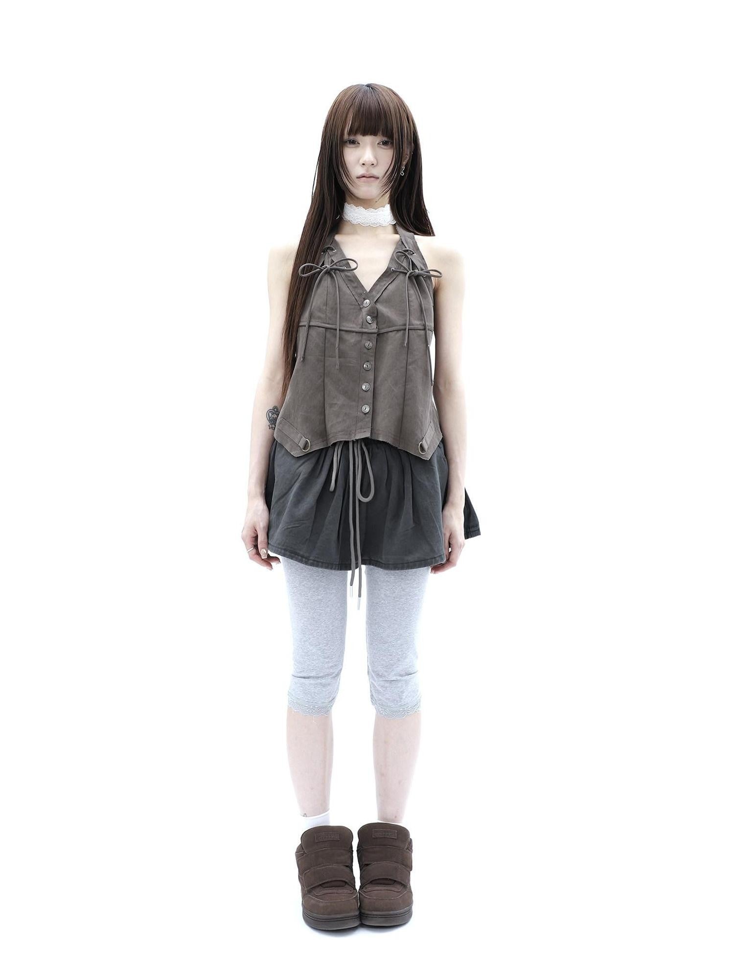 ang project Vintage Distressed V-neck Lace Up Frayed Edges Women&