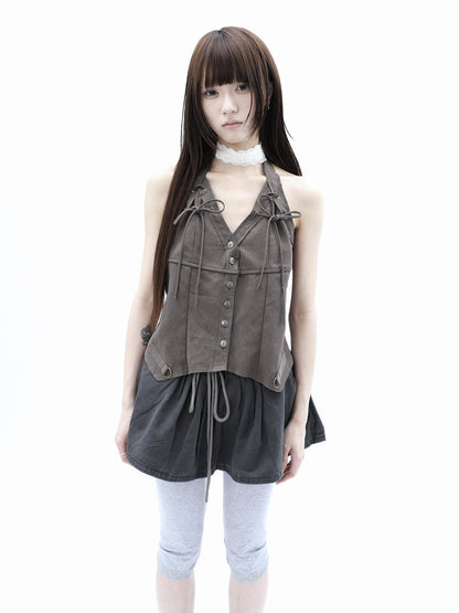 ang project Vintage Distressed V-neck Lace Up Frayed Edges Women&