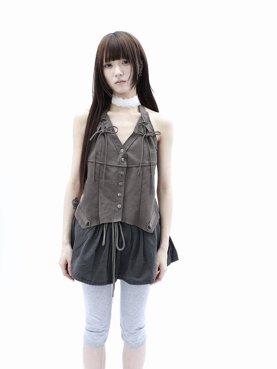 ang project Vintage Distressed V-neck Lace Up Frayed Edges Women&
