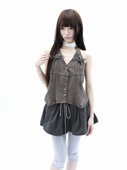 ang project Vintage Distressed V-neck Lace Up Frayed Edges Women&