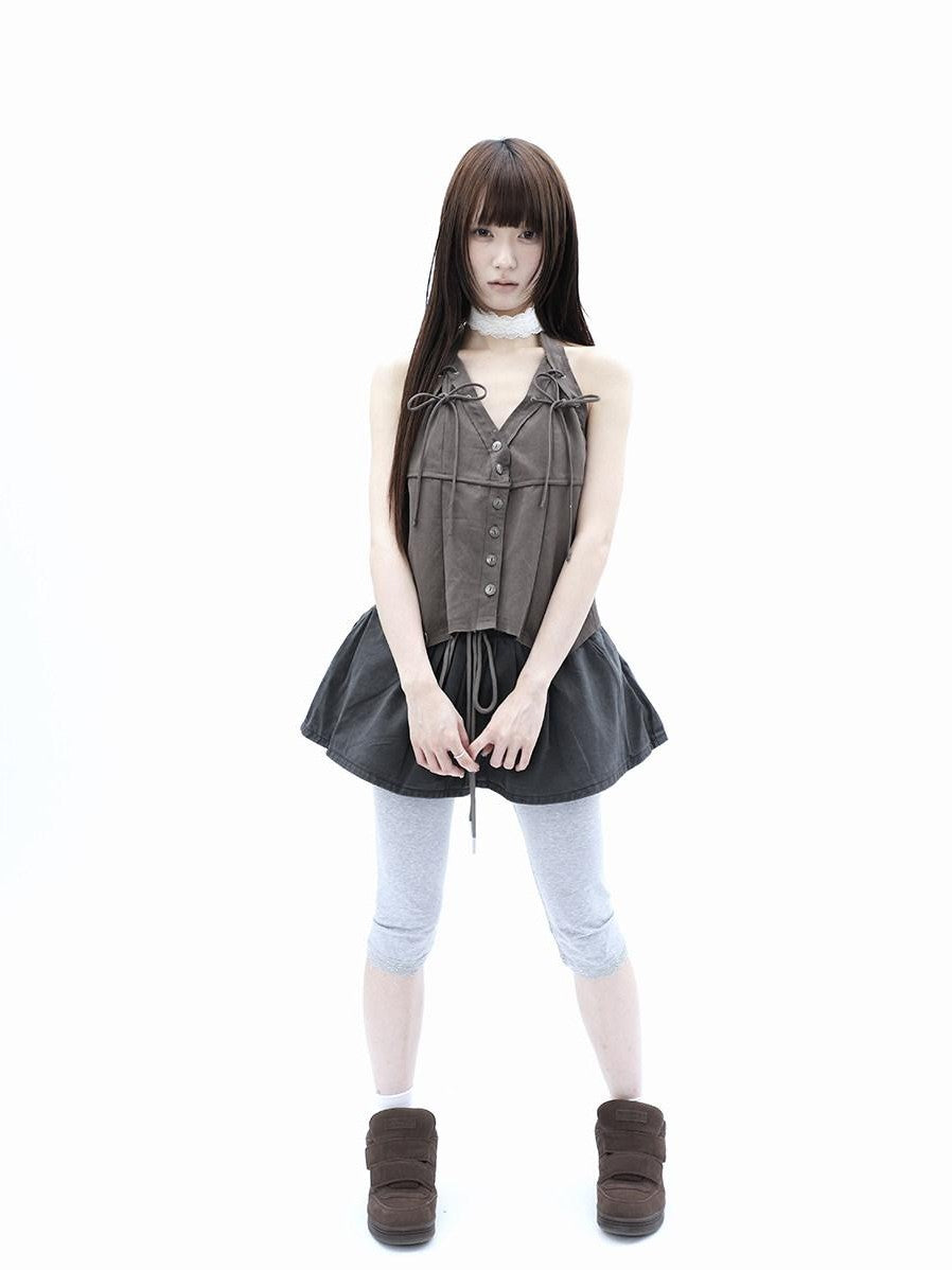 ang project Vintage Distressed V-neck Lace Up Frayed Edges Women&