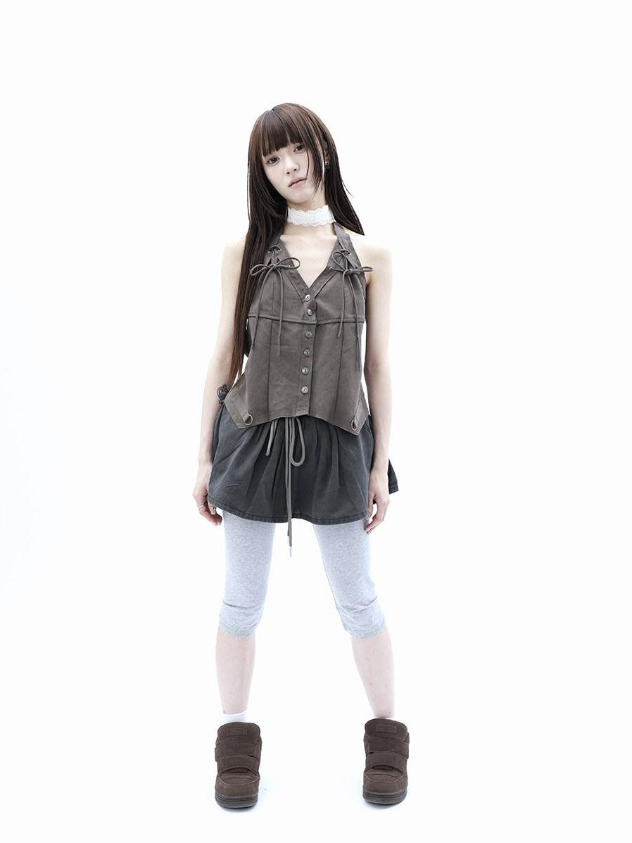 ang project Vintage Distressed V-neck Lace Up Frayed Edges Women&