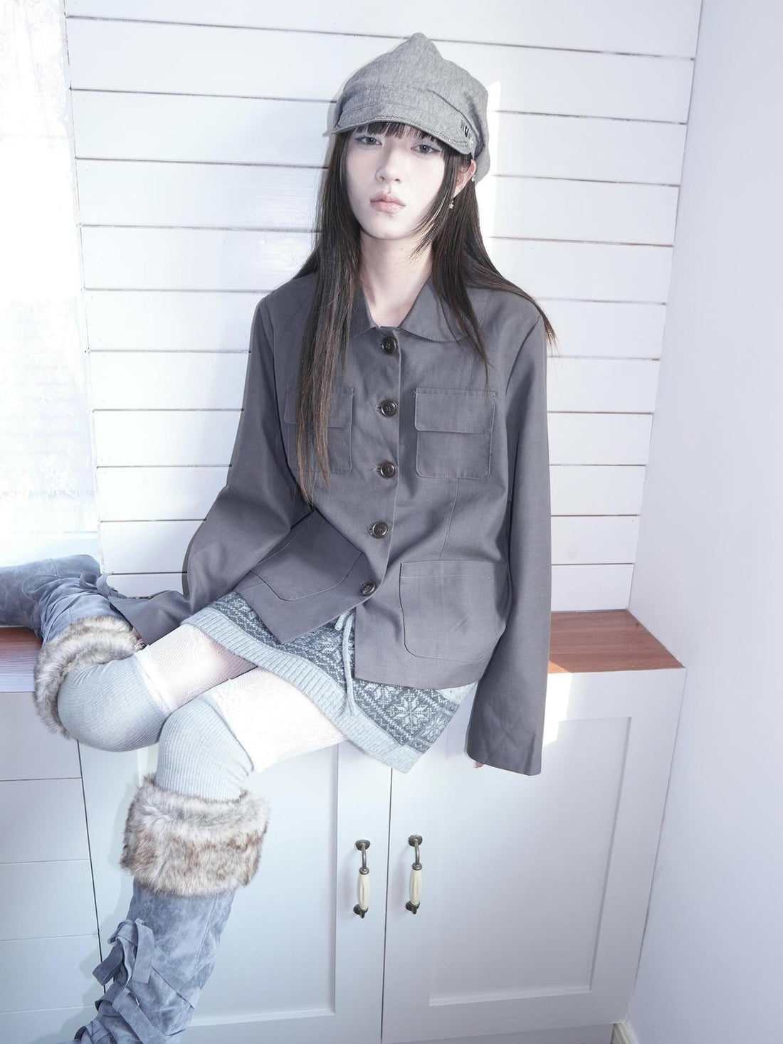 ang project Vintage Doll Collar Multi Pocket Button Down Women&