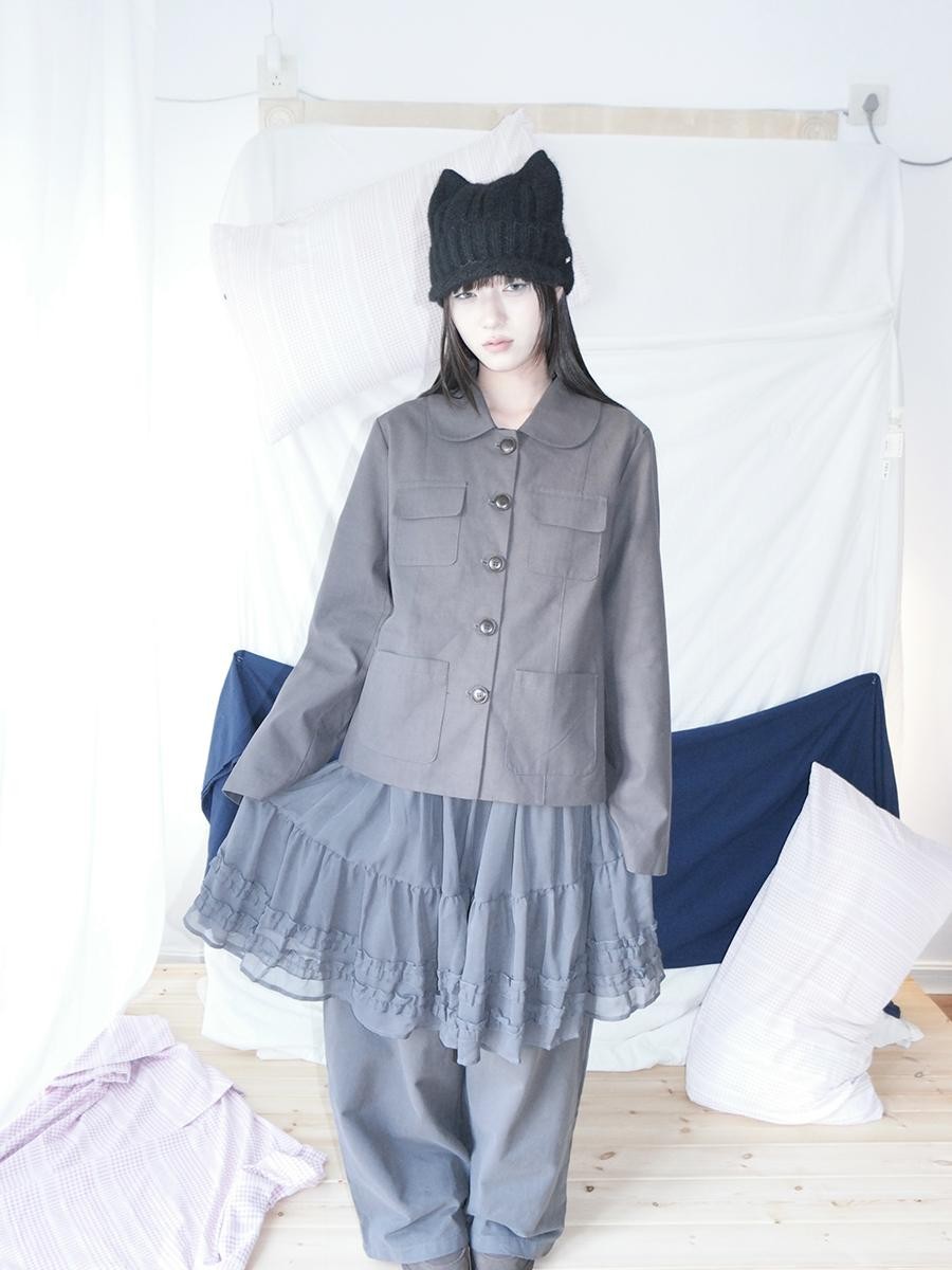 ang project Vintage Doll Collar Multi Pocket Button Down Women&
