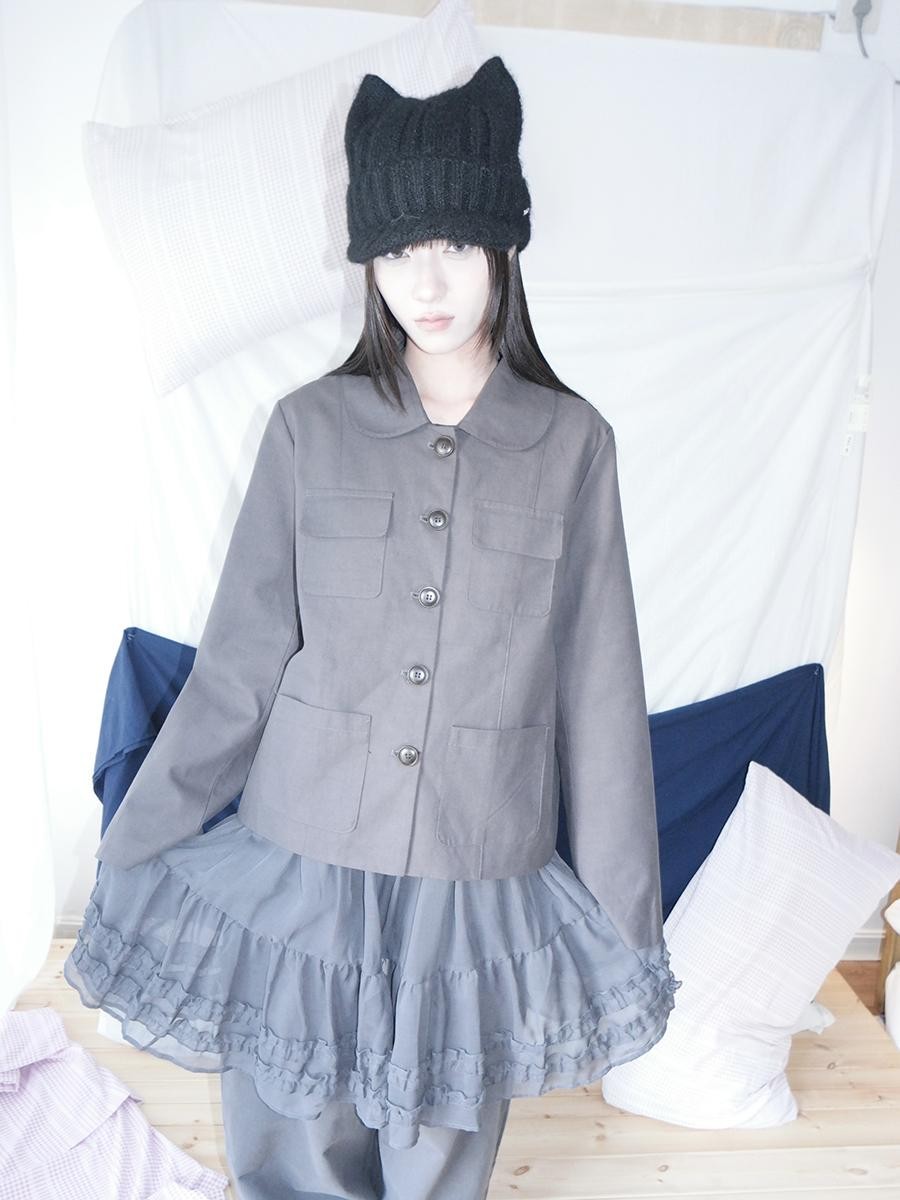 ang project Vintage Doll Collar Multi Pocket Button Down Women&
