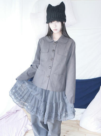 ang project Vintage Doll Collar Multi Pocket Button Down Women&