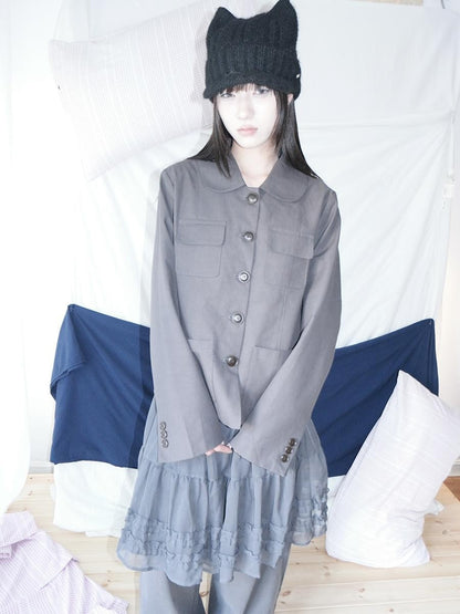 ang project Vintage Doll Collar Multi Pocket Button Down Women&