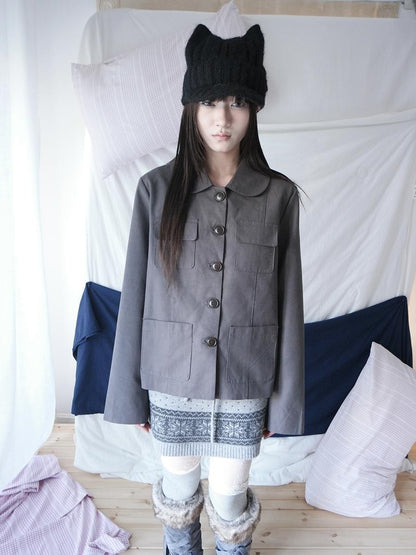 ang project Vintage Doll Collar Multi Pocket Button Down Women&