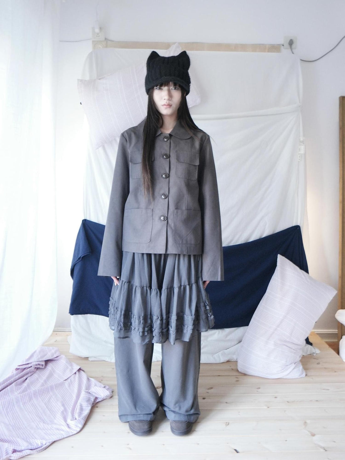ang project Vintage Doll Collar Multi Pocket Button Down Women&