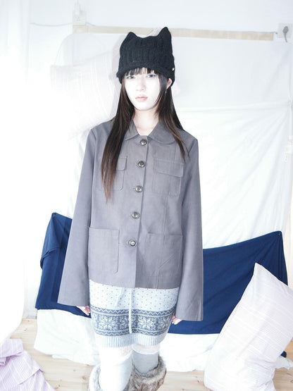 ang project Vintage Doll Collar Multi Pocket Button Down Women&