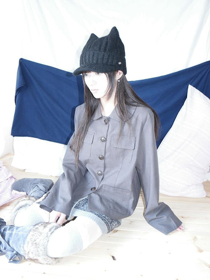 ang project Vintage Doll Collar Multi Pocket Button Down Women&