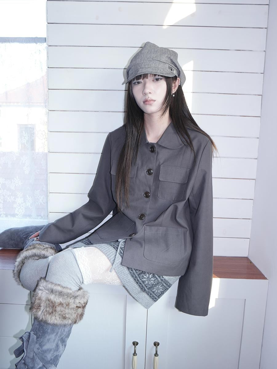 ang project Vintage Doll Collar Multi Pocket Button Down Women&