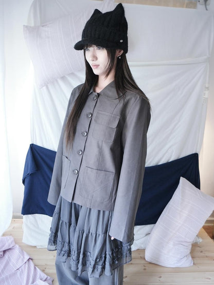 ang project Vintage Doll Collar Multi Pocket Button Down Women&