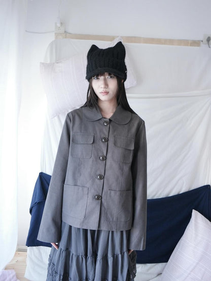 ang project Vintage Doll Collar Multi Pocket Button Down Women&