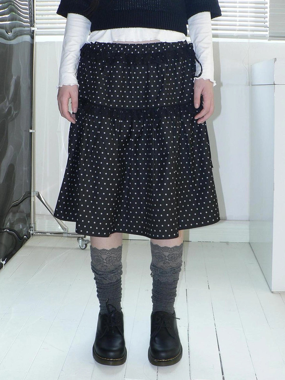 ang project Vintage Dot Print A Line Skirt With Lace Trim Skirt