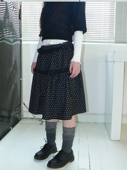 ang project Vintage Dot Print A Line Skirt With Lace Trim Skirt