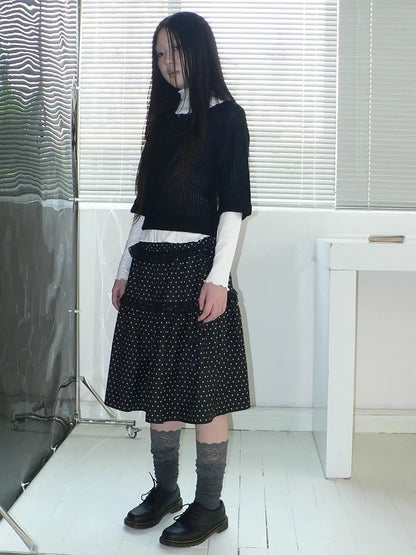 ang project Vintage Dot Print A Line Skirt With Lace Trim Skirt