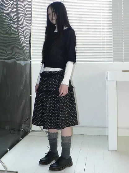 ang project Vintage Dot Print A Line Skirt With Lace Trim Skirt