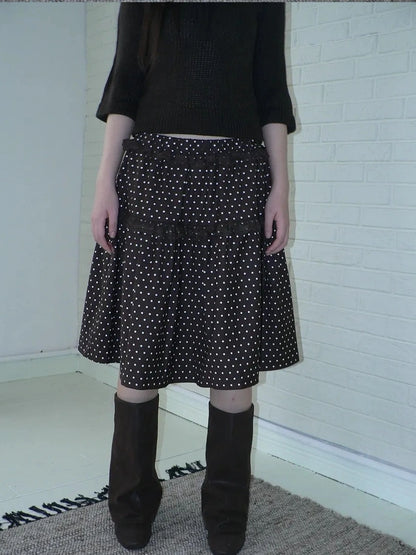 ang project Vintage Dot Print A Line Skirt With Lace Trim Skirt