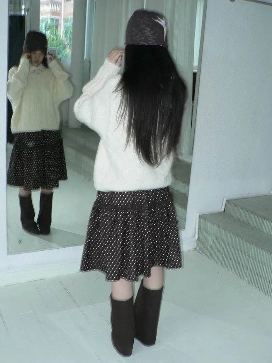 ang project Vintage Dot Print A Line Skirt With Lace Trim Skirt