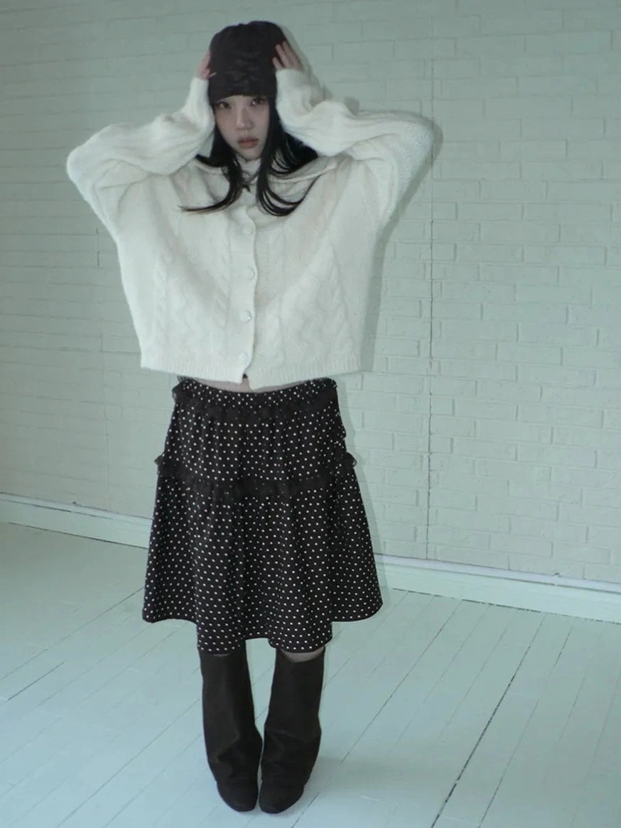 ang project Vintage Dot Print A Line Skirt With Lace Trim Skirt