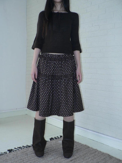 ang project Vintage Dot Print A Line Skirt With Lace Trim Skirt
