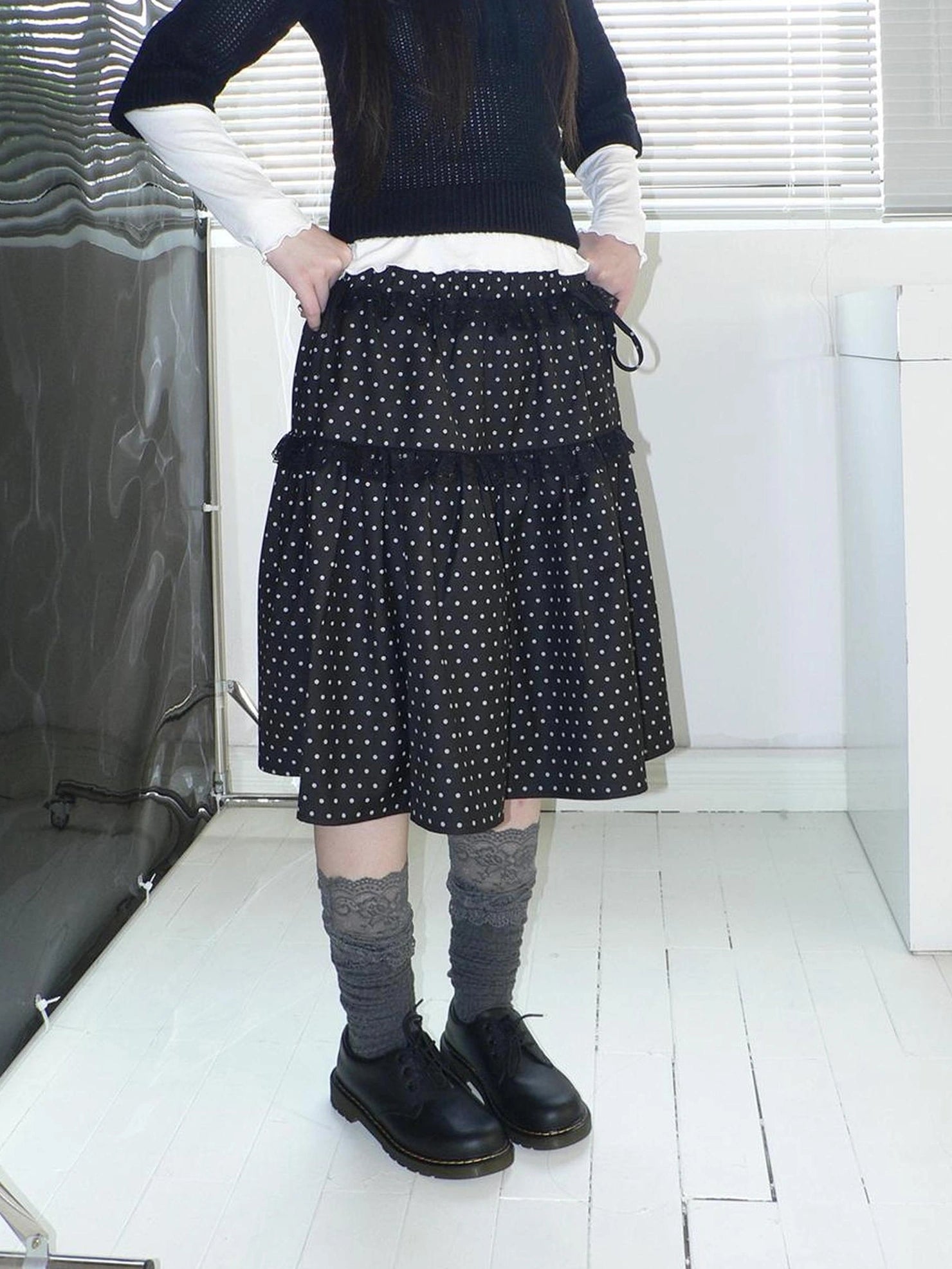 ang project Vintage Dot Print A Line Skirt With Lace Trim Skirt