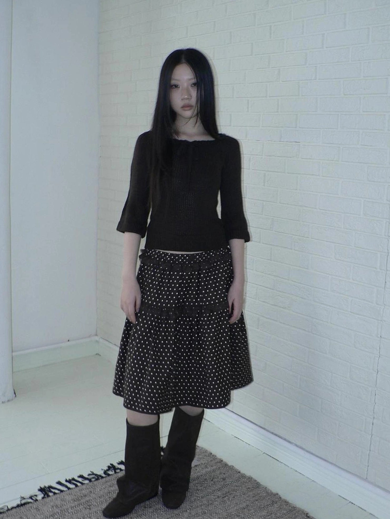 ang project Vintage Dot Print A Line Skirt With Lace Trim Skirt