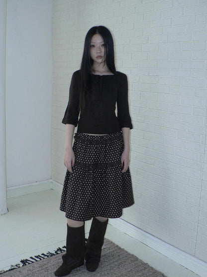 ang project Vintage Dot Print A Line Skirt With Lace Trim Skirt