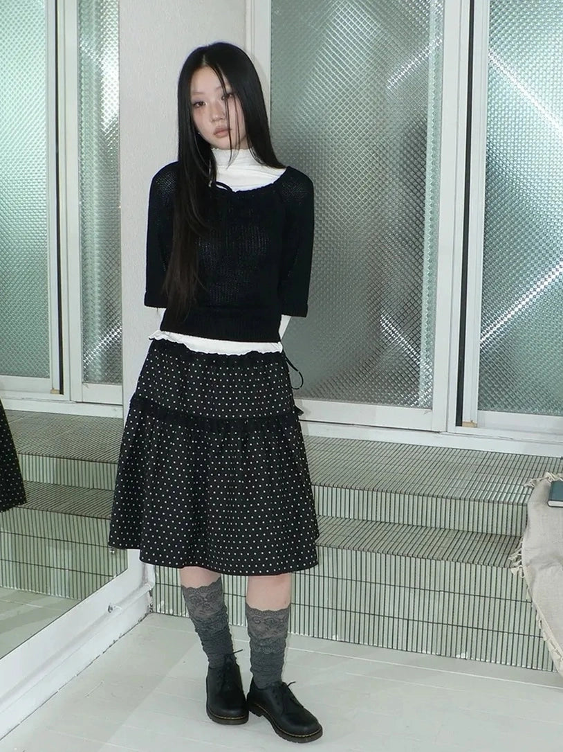 ang project Vintage Dot Print A Line Skirt With Lace Trim Skirt