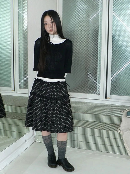 ang project Vintage Dot Print A Line Skirt With Lace Trim Skirt