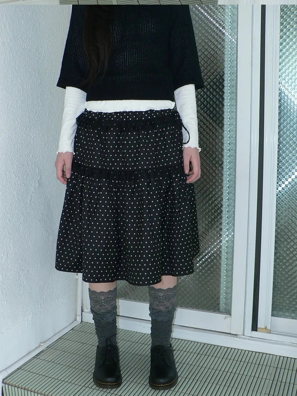 ang project Vintage Dot Print A Line Skirt With Lace Trim Skirt