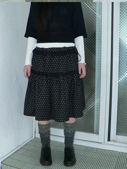 ang project Vintage Dot Print A Line Skirt With Lace Trim Skirt