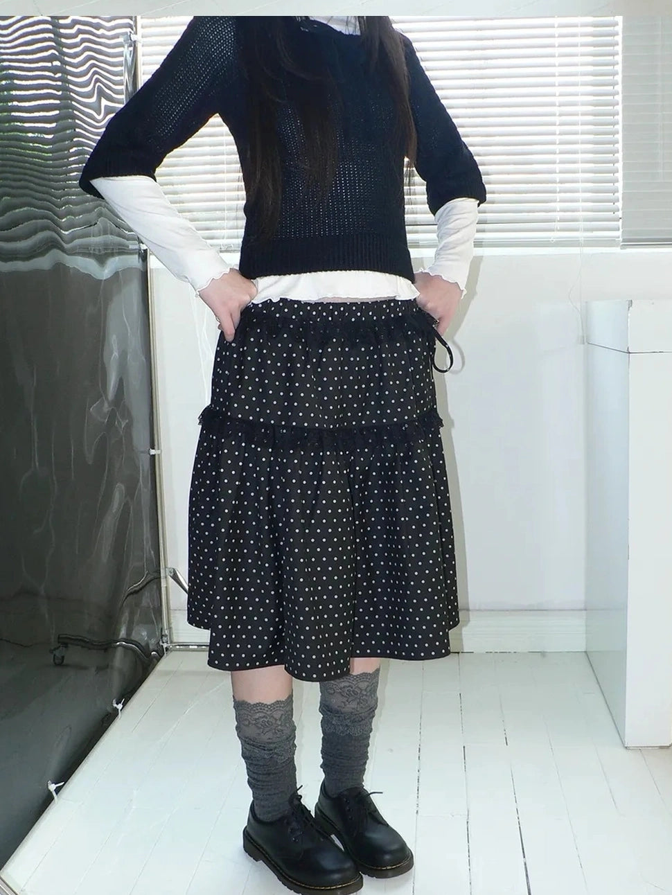 ang project Vintage Dot Print A Line Skirt With Lace Trim Skirt
