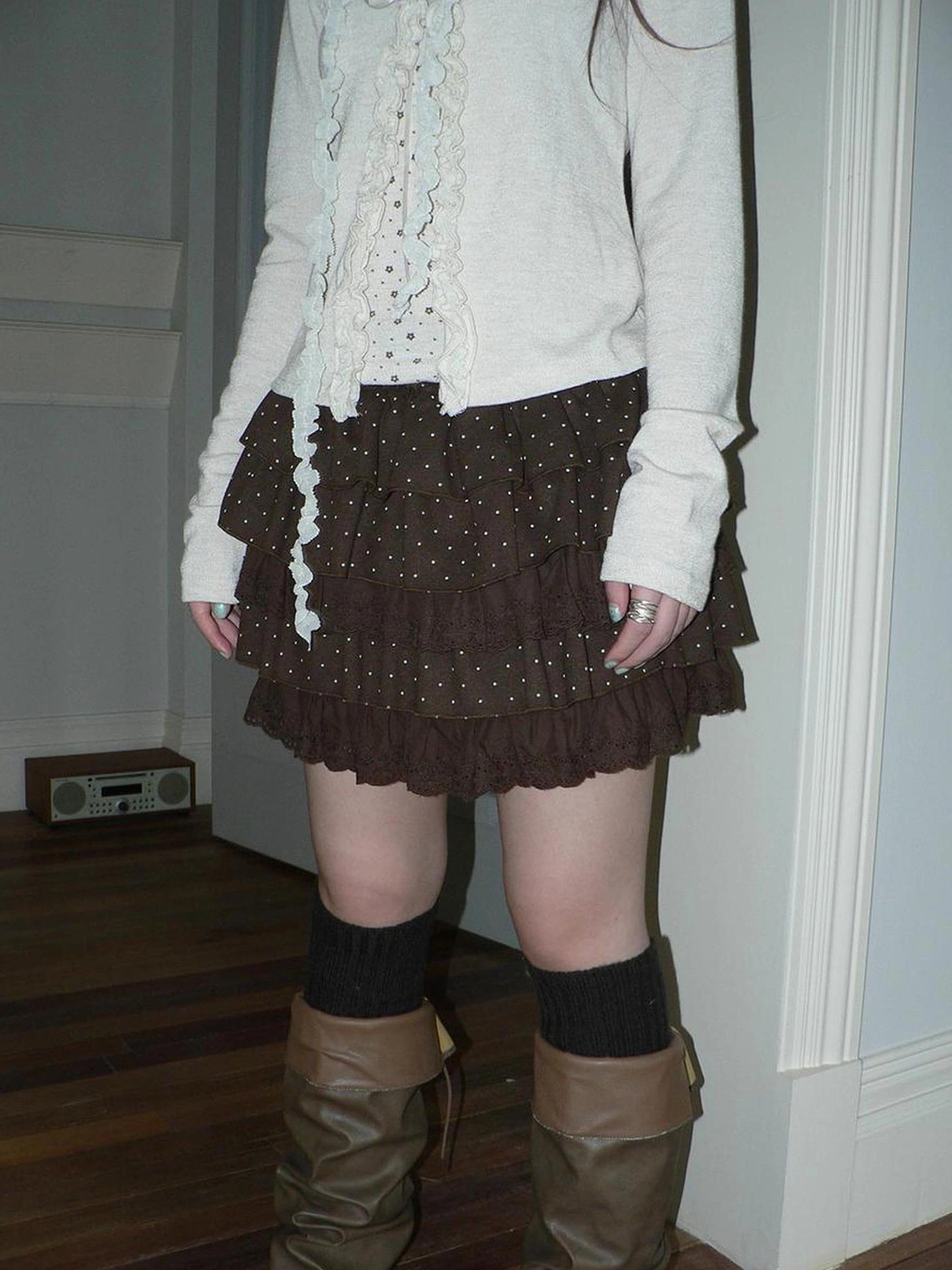 ang project Vintage Dot Print Lace Trim Tiered Mini Skirt Skirt