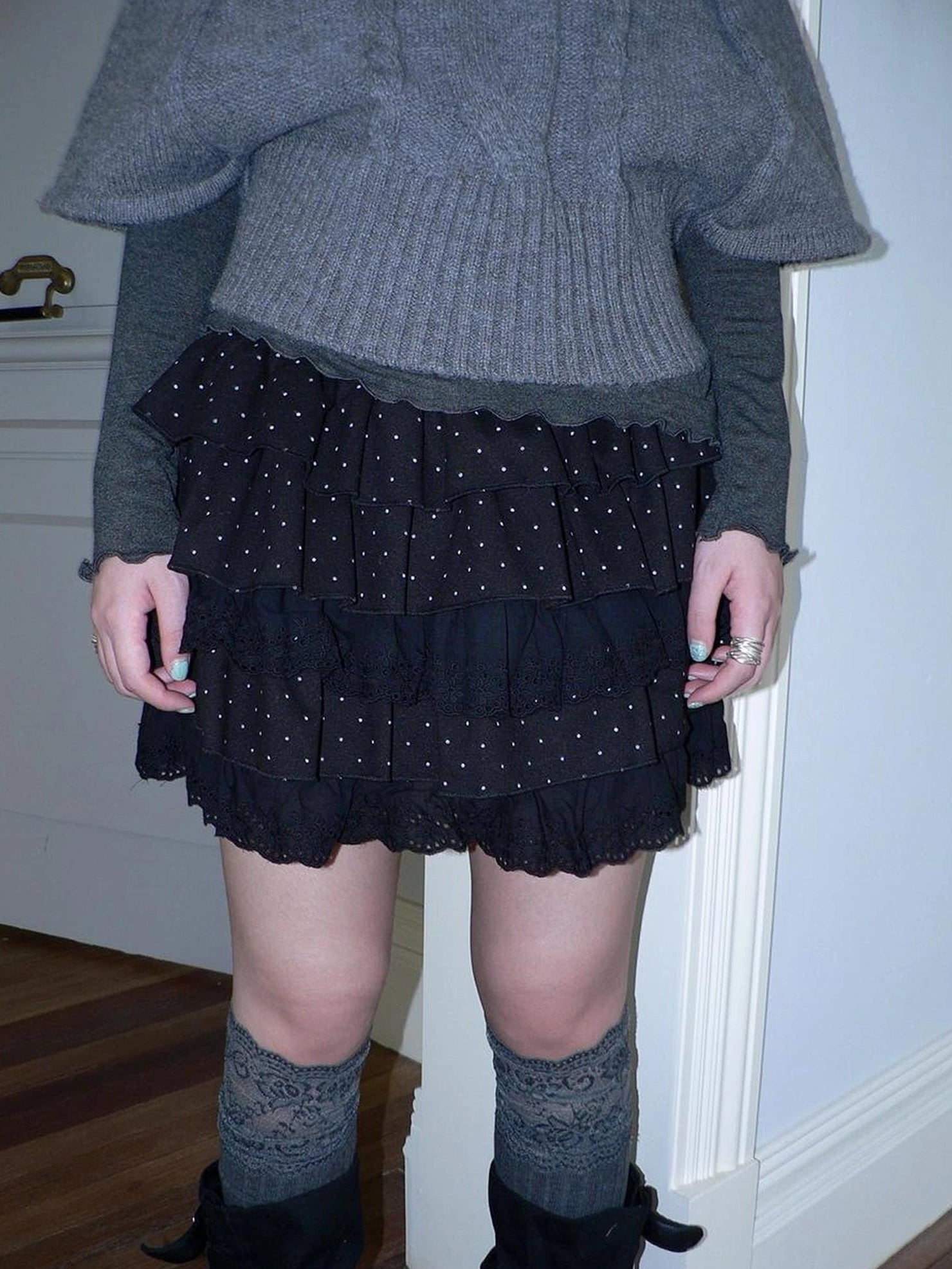 ang project Vintage Dot Print Lace Trim Tiered Mini Skirt Skirt