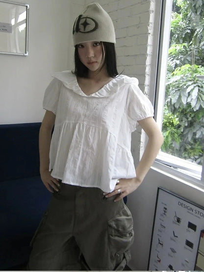 ang project Vintage Embroidered Sheer Sailor Collar Blouse Shirts