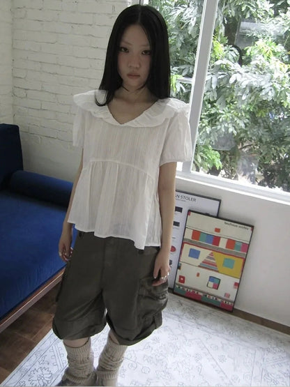 ang project Vintage Embroidered Sheer Sailor Collar Blouse Shirts