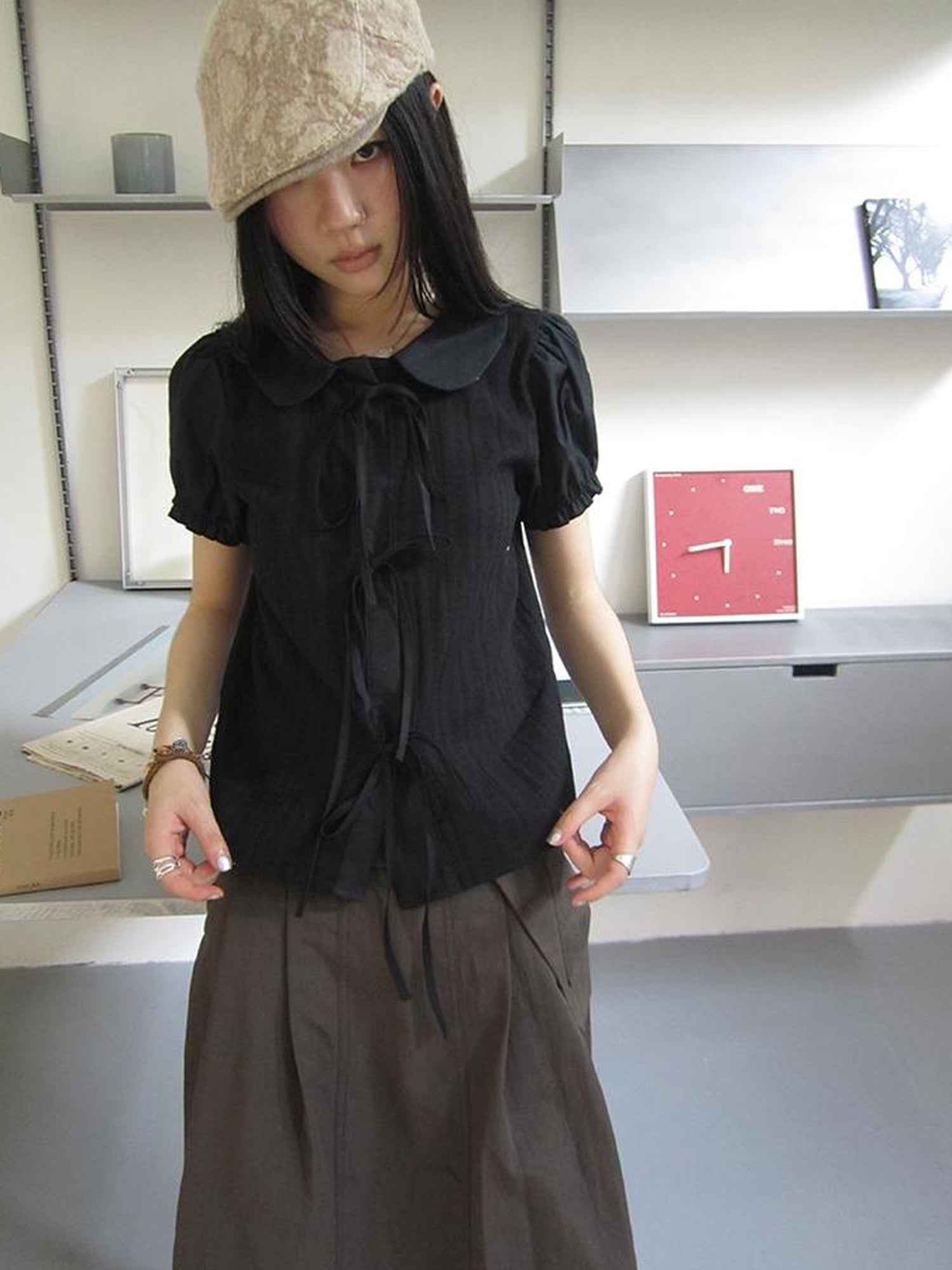 ang project Vintage Embroidery Doll Collar Short Sleeve Shirt