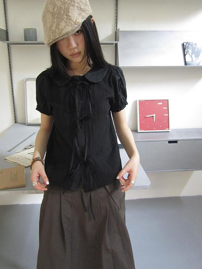 ang project Vintage Embroidery Doll Collar Short Sleeve Shirt