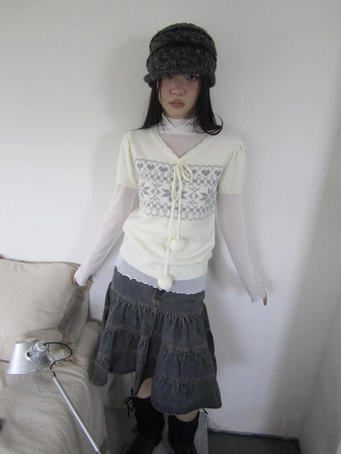 ang project Vintage Ethnic Jacquard Tie Front Knit Top Cardigan