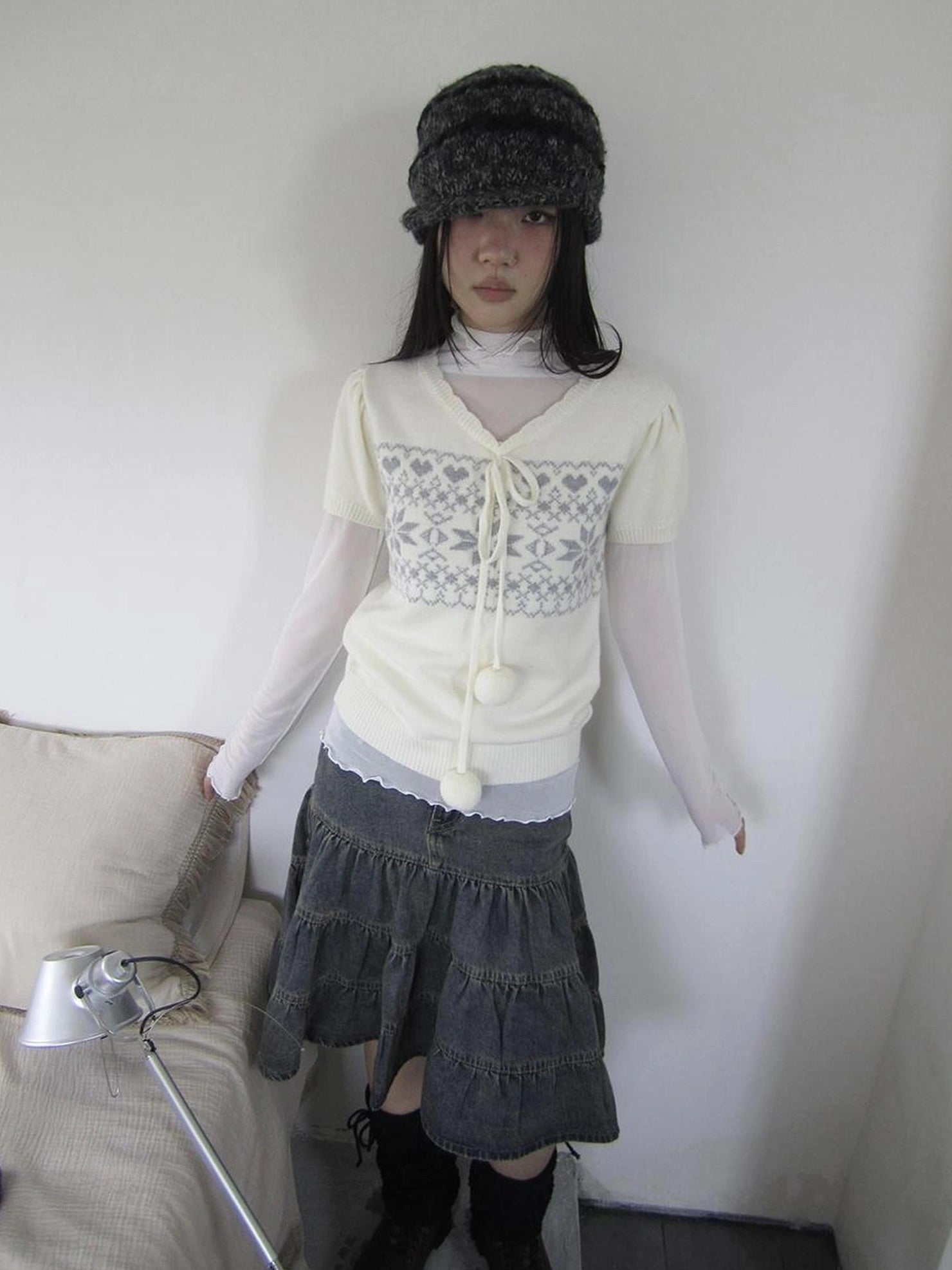 ang project Vintage Ethnic Jacquard Tie Front Knit Top Cardigan