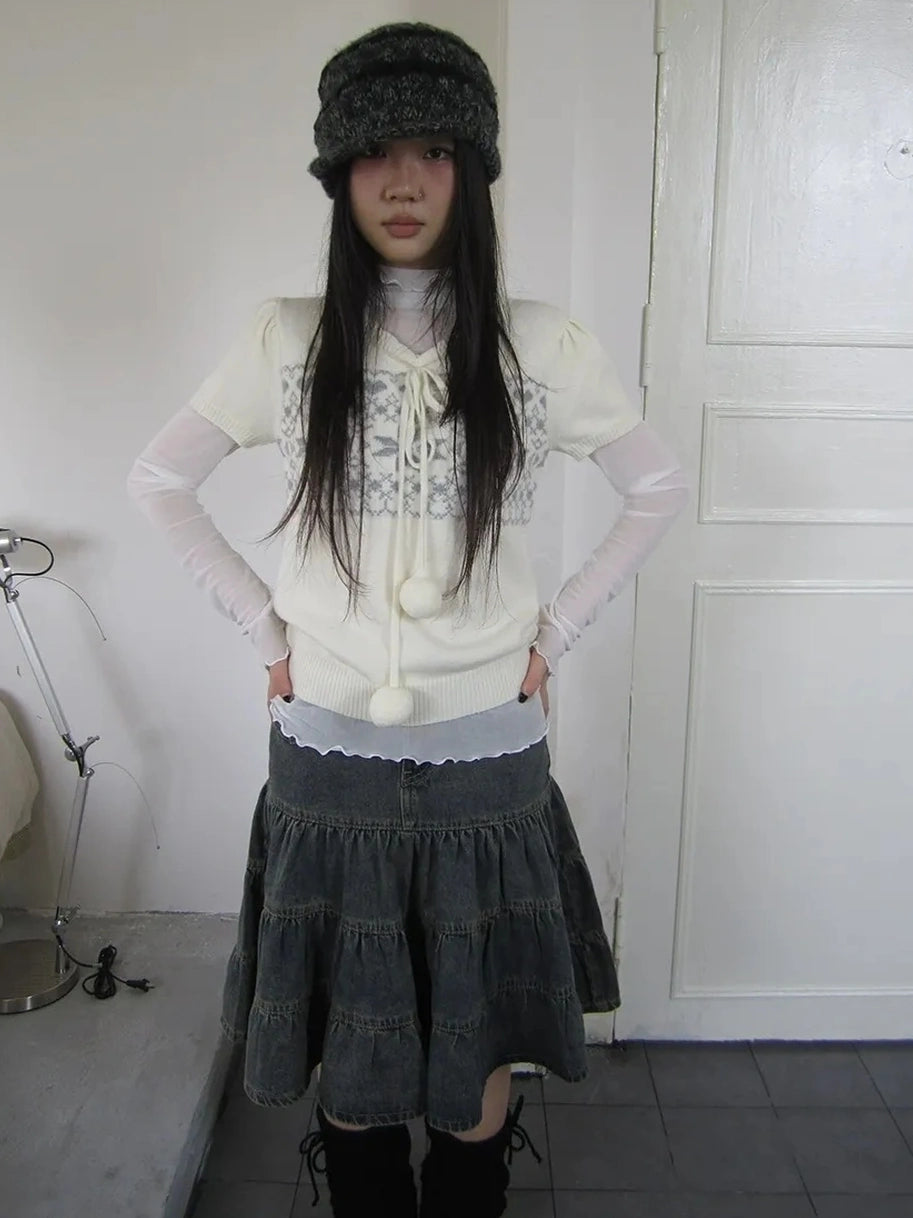 ang project Vintage Ethnic Jacquard Tie Front Knit Top Cardigan