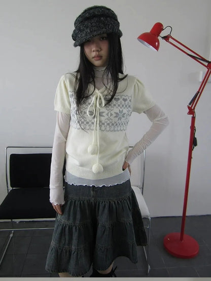 ang project Vintage Ethnic Jacquard Tie Front Knit Top Cardigan