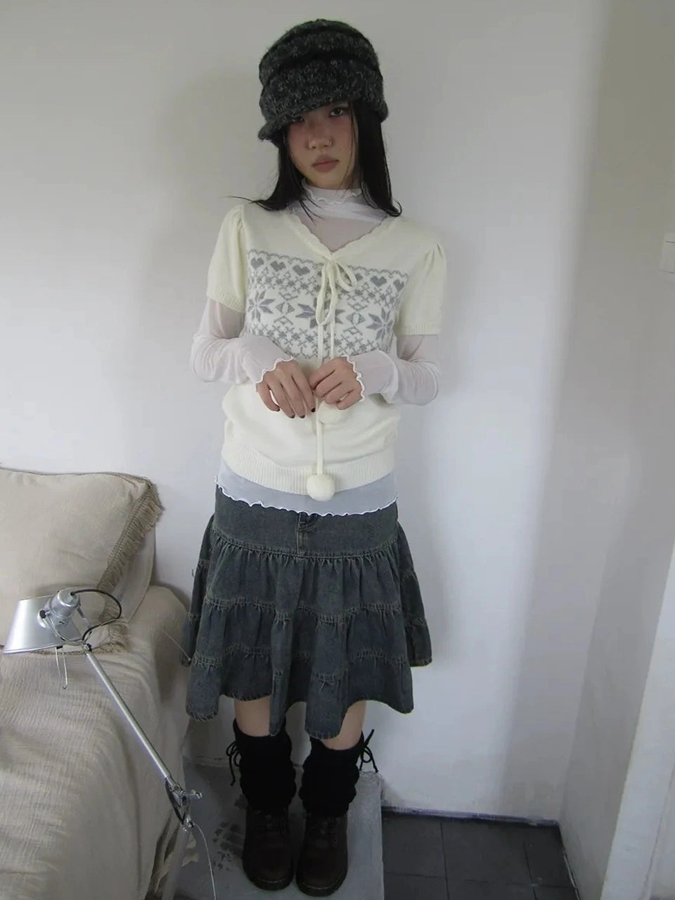 ang project Vintage Ethnic Jacquard Tie Front Knit Top Cardigan