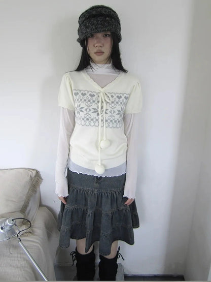 ang project Vintage Ethnic Jacquard Tie Front Knit Top Cardigan