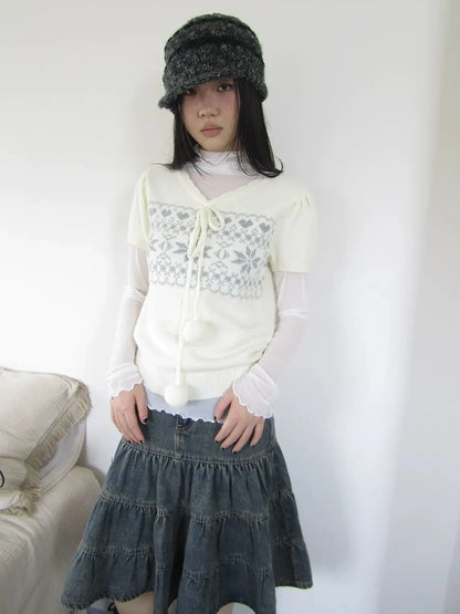 ang project Vintage Ethnic Jacquard Tie Front Knit Top Cardigan