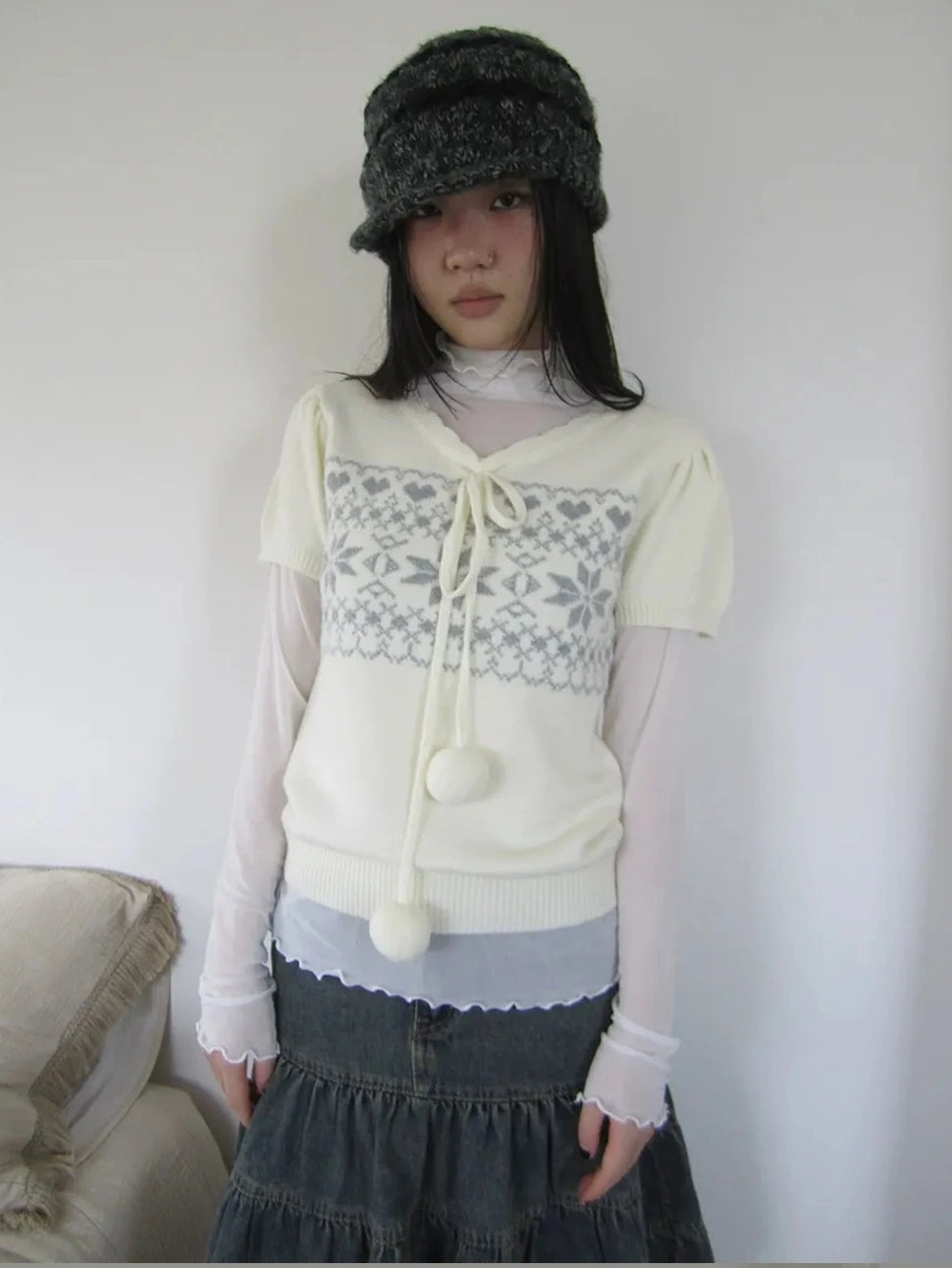 ang project Vintage Ethnic Jacquard Tie Front Knit Top Cardigan