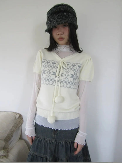 ang project Vintage Ethnic Jacquard Tie Front Knit Top Cardigan