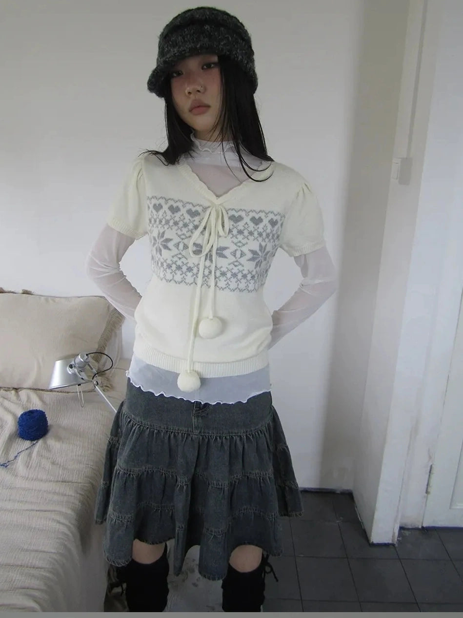 ang project Vintage Ethnic Jacquard Tie Front Knit Top Cardigan